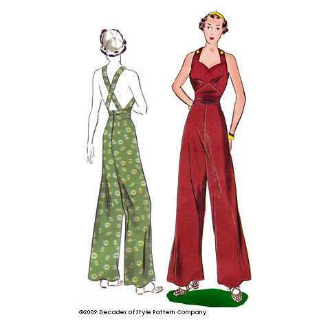 illustration for Vintage sewing pattern for 1930s Overalls with sweetheart neckline from Decades of Style
