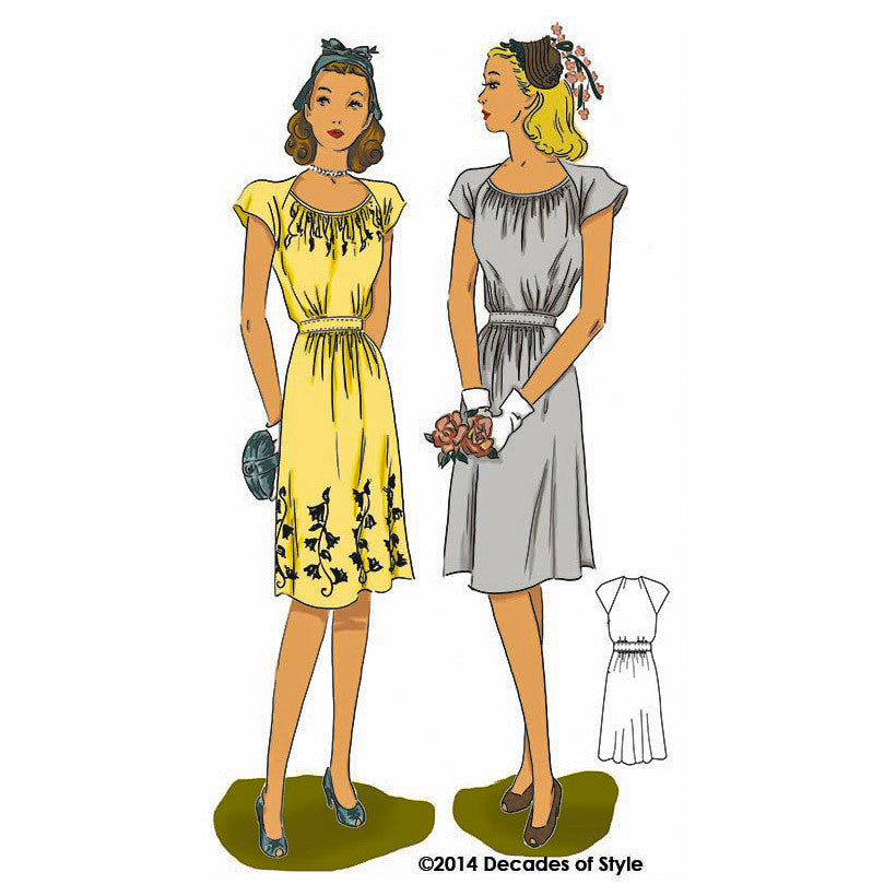 illustration for 1940s sewing pattern for a short sleeve dress from Decades of Style #4013 1940s Dorothy Lara Dress