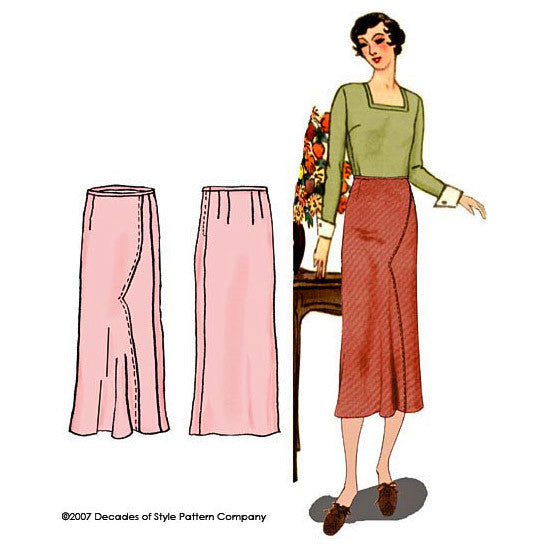 illustration for Vintage sewing pattern for 1930s Calf length skirt with shaped seam joining skirt front pieces from Decades of Style