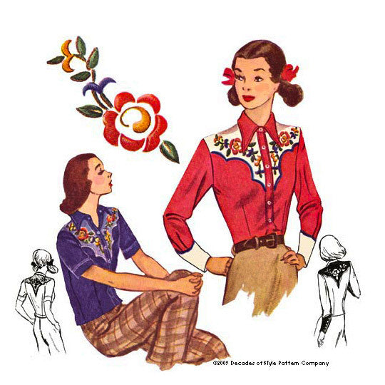 illustration for 1940s ladies western shirt pattern