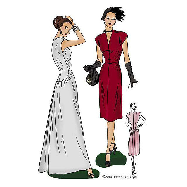illustration for Incredible 1940s vintage dress pattern #4014 from Decades of Style for long or short dress. 